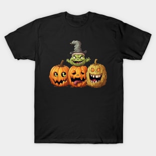 Three Halloween Pumpkins with Different Expressions and a Witch T-Shirt